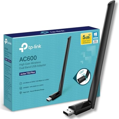 TP-Link Archer T2U Plus WiFi Dongle, AC600 High Gain Wireless WiFi Adapter, Dual Band USB WiFi Adapter with 5dBi Antenna for PC/Desktop/Laptop, Supports Windows11/10/8.1/8/7/XP, Mac OS X