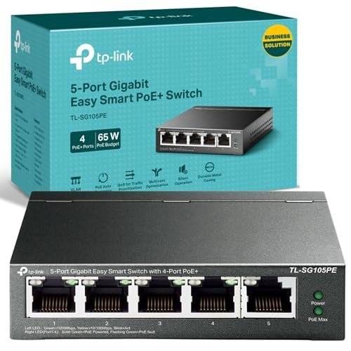 TP-Link Managed PoE Network Switch 5-Port Gigabit, 4 PoE+ ports up to 30 W for each PoE port and 65 W for all PoE ports, Support Network monitoring, traffic prioritization, VLAN(TL-SG105PE)