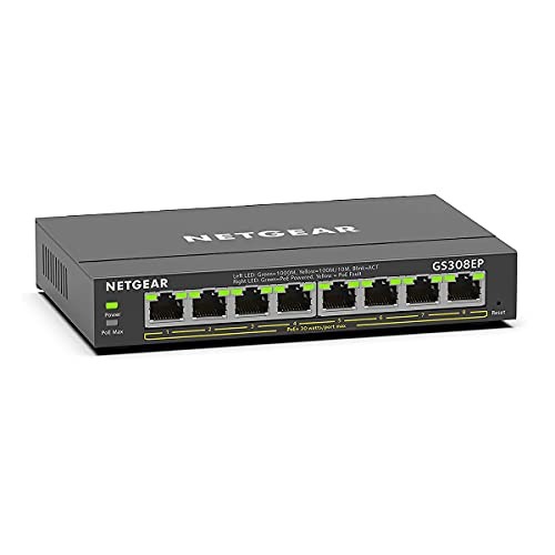 NETGEAR PoE Switch 8 Port Gigabit Ethernet Plus Network Switch (GS308EP) - with 8 x PoE+ @ 62W - Desktop or Wall Mount