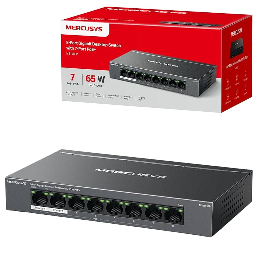 MERCUSYS 8-Port Gigabit Desktop Switch with 7-Port PoE+, PoE Power Budget 65W, compatible with 802.3af/at PDs, Power management, metal case, Plug & Play, No Configuration Required (MS108GP)
