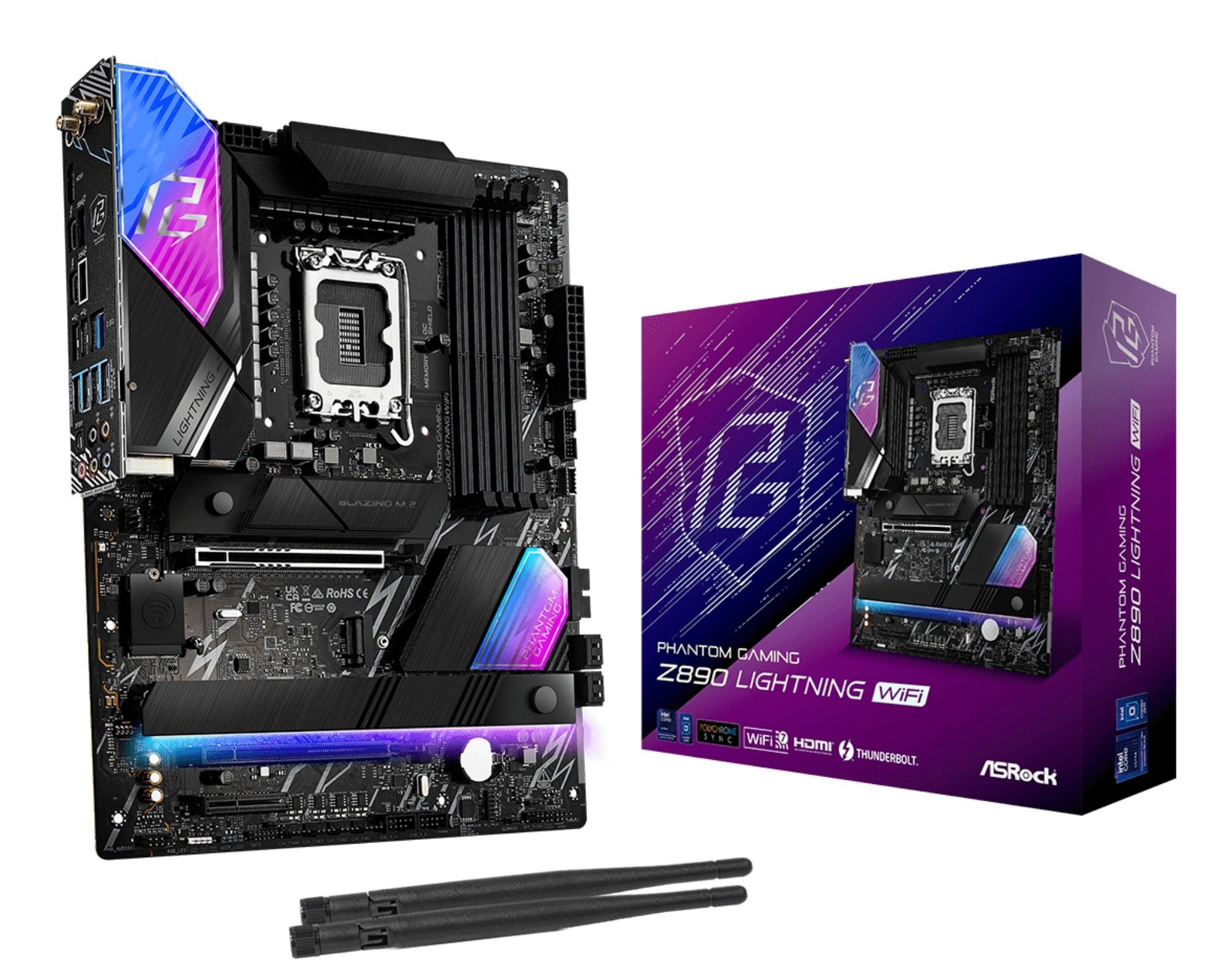 ASRock Z890 LIGHTNING WIFI PHANTOM GAMING Intel 1851 Socket Motherboard, ATX, 4x DDR5 Slots, 3x M.2 Sockets, 3x USB-C Port, Fitted I/O Shield, 2.5GbE LAN, Wi-Fi 7, 1x HDMI Port / 2x USB-C (USB4)